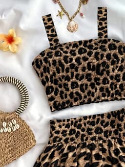 Comfy Kids Girls 2-Piece Outfit, Soft Breathable Fabric Leopard Print Crop Top & Tiered Skirt for Daily & Outings