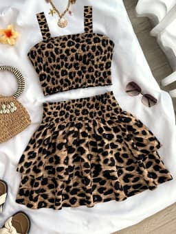Comfy Kids Girls 2-Piece Outfit, Soft Breathable Fabric Leopard Print Crop Top & Tiered Skirt for Daily & Outings