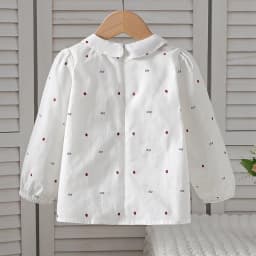 Girls White Cotton Long Sleeve Shirt Ladybug Print Peter Pan Collar Blouse with Bow Decor Casual Top for Kids 2-6 Years