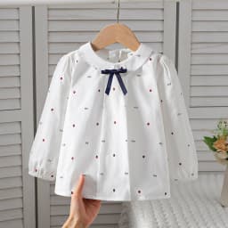 Girls White Cotton Long Sleeve Shirt Ladybug Print Peter Pan Collar Blouse with Bow Decor Casual Top for Kids 2-6 Years