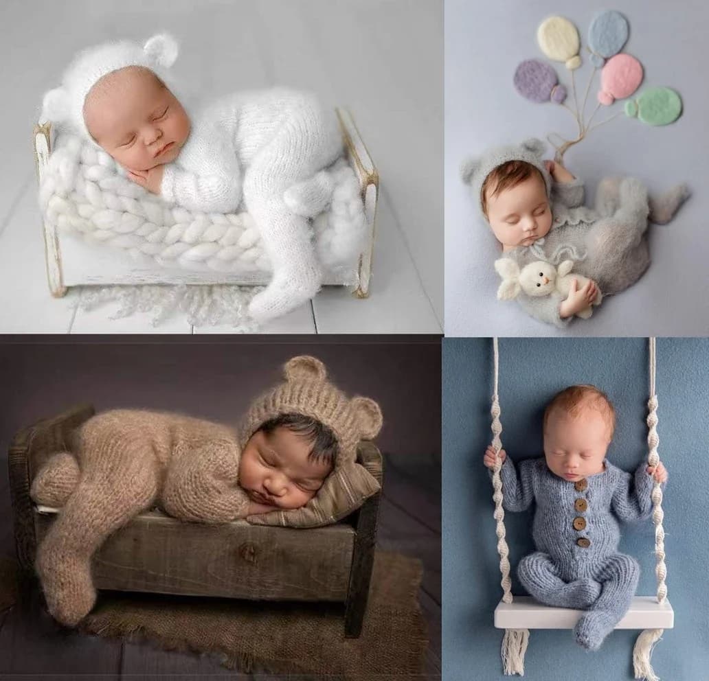 2pc/set Baby Outfits Newborn Photography Props Romper Bear Jumpsuit Crochet Hat Wool Baby Boy Girl Animal Photo Prop