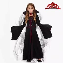 Girls Vampire Queen Halloween Costume Kids Gothic Black‑Red Long Stand‑Collar Gown Holiday Party Fancy Dress Cosplay Outfit