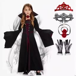 Girls Vampire Queen Halloween Costume Kids Gothic Black‑Red Long Stand‑Collar Gown Holiday Party Fancy Dress Cosplay Outfit
