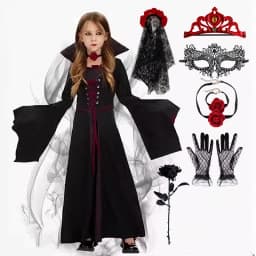 Girls Vampire Queen Halloween Costume Kids Gothic Black‑Red Long Stand‑Collar Gown Holiday Party Fancy Dress Cosplay Outfit