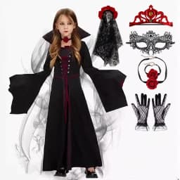 Girls Vampire Queen Halloween Costume Kids Gothic Black‑Red Long Stand‑Collar Gown Holiday Party Fancy Dress Cosplay Outfit