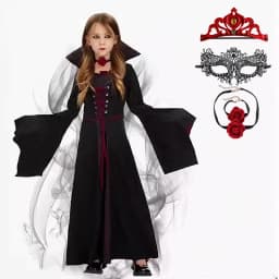 Girls Vampire Queen Halloween Costume Kids Gothic Black‑Red Long Stand‑Collar Gown Holiday Party Fancy Dress Cosplay Outfit