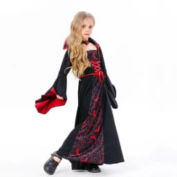 Girls Vampire Queen Halloween Costume Kids Gothic Black‑Red Long Stand‑Collar Gown Holiday Party Fancy Dress Cosplay Outfit