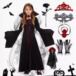 Girls Vampire Queen Halloween Costume Kids Gothic Black‑Red Long Stand‑Collar Gown Holiday Party Fancy Dress Cosplay Outfit