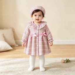 Girls Plaid Dress Set Spring Autumn Lace Collar Butterfly Knot Princess Skirt with Plaid Beret Hat Baby Girls Outfit