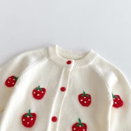 For Autumn and Winter, a Cute Strawberry-Embroidered Cardigan and Shorts Knitted Sweater Set For a baby Girl to Go out