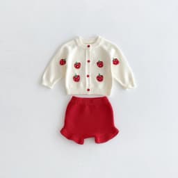 For Autumn and Winter, a Cute Strawberry-Embroidered Cardigan and Shorts Knitted Sweater Set For a baby Girl to Go out