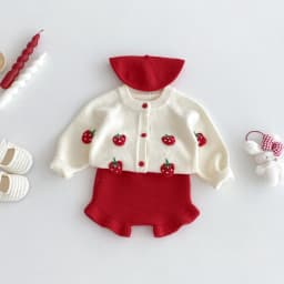 For Autumn and Winter, a Cute Strawberry-Embroidered Cardigan and Shorts Knitted Sweater Set For a baby Girl to Go out
