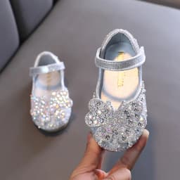 2025 Spring Summer New Korean Style Girls Princess Square Toe Rhinestone Bow Leather Shoes For Dance Performance