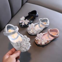2025 Spring Summer New Korean Style Girls Princess Square Toe Rhinestone Bow Leather Shoes For Dance Performance
