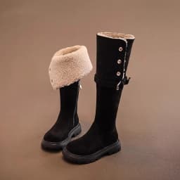 Children Comfortable Over-Knee High Fashion Boots Girl's Foldable Thick Heel Rough Texture Round Toe Korean Autumn Pure Color