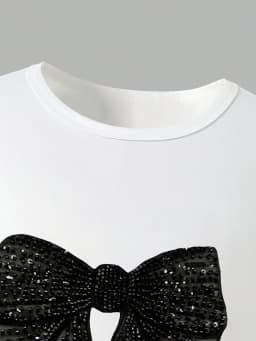Girls' 2-piece casual set: a stylish, sporty knit crop top featuring sequin and bow prints, paired with versatile cargo pants—pe