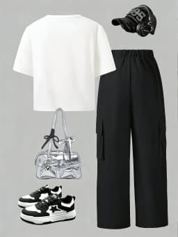 Girls' 2-piece casual set: a stylish, sporty knit crop top featuring sequin and bow prints, paired with versatile cargo pants—pe