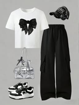 Girls' 2-piece casual set: a stylish, sporty knit crop top featuring sequin and bow prints, paired with versatile cargo pants—pe