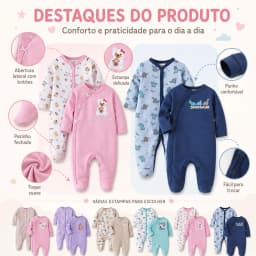 Kit 2 Baby Rompers with Footie Long Sleeve Infant Clothing 60% Cotton 40% Polyester 3m-9m