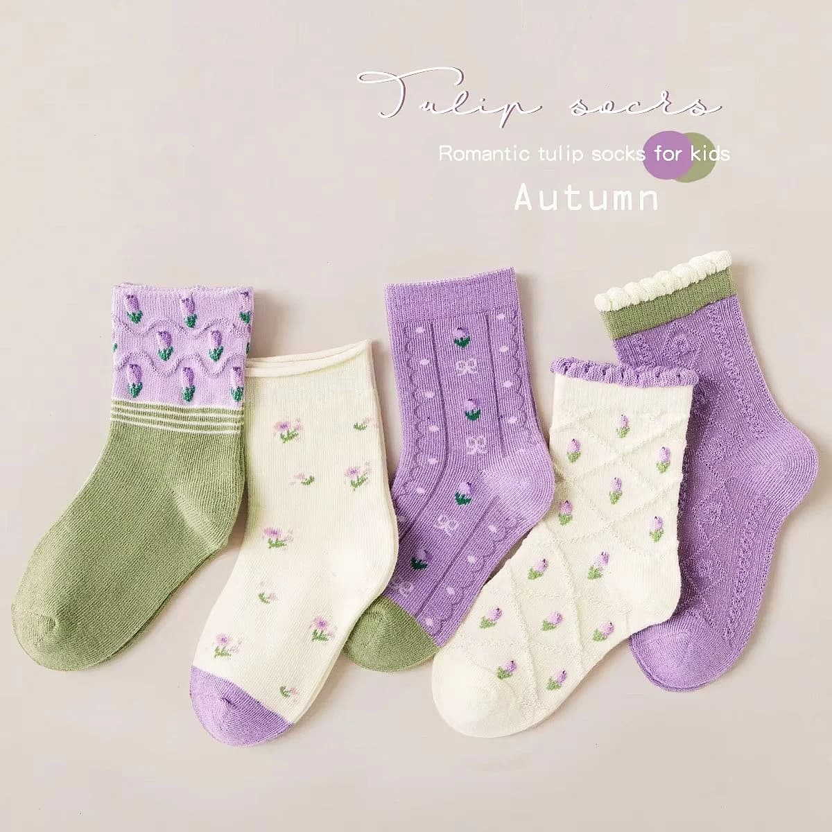 Girls Cotton Socks Spring Ruffle Socks Floral Purple Bowknot Socks 5 Pairs Mid Calf Socks 1-12Y Children's Cotton Socks