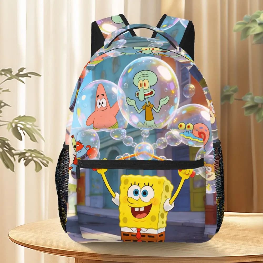 SpongeBob SquarePants Backpack, Cartoon Print School Bookbag, Lightweight Travel Backpack with Mesh Pockets