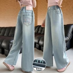 Summer Kids Girls Denim Pants UNITIM 4-14Yrs Children Girls Wide Leg Pants Loose Love Pockets Junior Girls Straight Pants