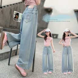 Summer Kids Girls Denim Pants UNITIM 4-14Yrs Children Girls Wide Leg Pants Loose Love Pockets Junior Girls Straight Pants