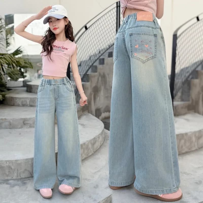 Summer Kids Girls Denim Pants UNITIM 4-14Yrs Children Girls Wide Leg Pants Loose Love Pockets Junior Girls Straight Pants
