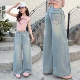 Summer Kids Girls Denim Pants UNITIM 4-14Yrs Children Girls Wide Leg Pants Loose Love Pockets Junior Girls Straight Pants