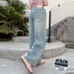 Summer Kids Girls Denim Pants UNITIM 4-14Yrs Children Girls Wide Leg Pants Loose Love Pockets Junior Girls Straight Pants