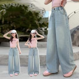 Summer Kids Girls Denim Pants UNITIM 4-14Yrs Children Girls Wide Leg Pants Loose Love Pockets Junior Girls Straight Pants