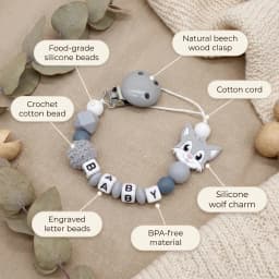 Personalized Baby Pacifier Clip Custom Name Wolf Silicone Teether Chain BPA Free Dummy Holder Newborn Gift