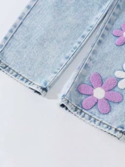 Girls' Floral-Printed Towel-Stitch Denim Jeans Trendy Loose Waist Design Versatile Casual Pants for Kids. Full Elastic Waistband