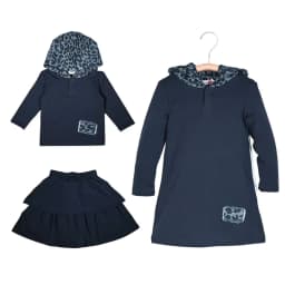 Blue Leopard Denim Children Set Long Sleeve Top Shirt Outfit Denim Washed Cotton/Spandex Dress Leopard Hoodie and Raw Edge Patch