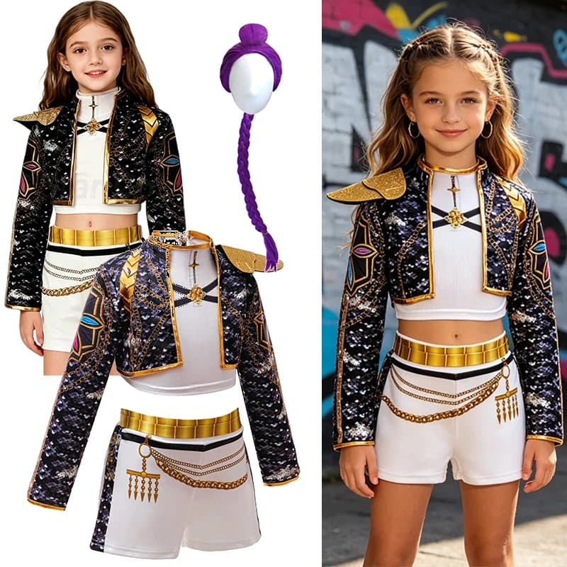 Girls Black‑Gold 3D Printed Jacket Shorts Cosplay Set Kids Outfit for Stage Show Birthday Party Halloween Carnival Dress‑Up