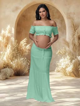 Maternity Photography Dress Sets 2Pc Sexy Ruffles Short Sleeves Tube Top T-shirt and Skirt Outfit for Photoshoot Baby Shower