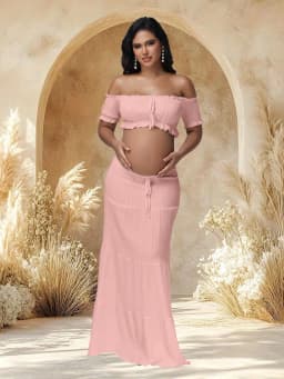 Maternity Photography Dress Sets 2Pc Sexy Ruffles Short Sleeves Tube Top T-shirt and Skirt Outfit for Photoshoot Baby Shower