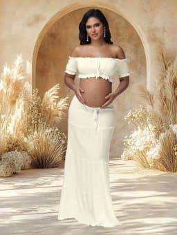 Maternity Photography Dress Sets 2Pc Sexy Ruffles Short Sleeves Tube Top T-shirt and Skirt Outfit for Photoshoot Baby Shower
