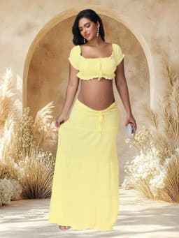 Maternity Photography Dress Sets 2Pc Sexy Ruffles Short Sleeves Tube Top T-shirt and Skirt Outfit for Photoshoot Baby Shower