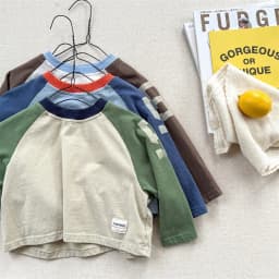 Autumn Kids Cotton Letter Print Base T-Shirts Korean Style Color Block Long Sleeves Loose Kids Top for 1-6Y Boys and Girls