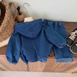 Children's clothing Spring and Autumn, boys' denim hooded sweatshirt, women's Baoyang solid color long sleeved top and pants set