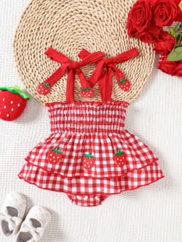 Baby Girl Strawberry Gingham Smocked Tie-Strap Romper Dress – Stretchy Shirred Bodice & Layered Skirt, Cute Summer One-Piece Out
