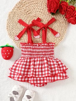 Baby Girl Strawberry Gingham Smocked Tie-Strap Romper Dress – Stretchy Shirred Bodice & Layered Skirt, Cute Summer One-Piece Out
