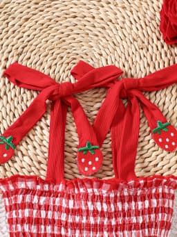 Baby Girl Strawberry Gingham Smocked Tie-Strap Romper Dress – Stretchy Shirred Bodice & Layered Skirt, Cute Summer One-Piece Out