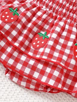 Baby Girl Strawberry Gingham Smocked Tie-Strap Romper Dress – Stretchy Shirred Bodice & Layered Skirt, Cute Summer One-Piece Out