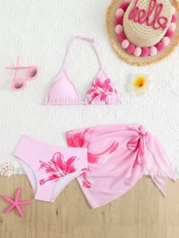 2026 New Trendy Girls' Swimwear Chindren Girls Bikini Swimsuit Set with Flower Print Three-Piece Outfit Bathing Suit 7 To 16Y
