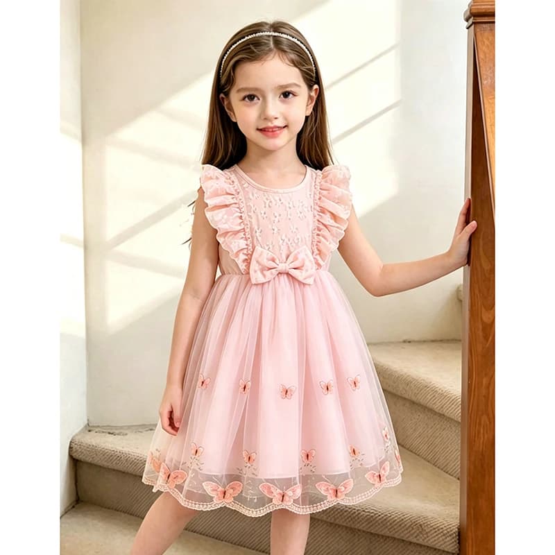 Kids Princess Dress For Girls O-Neck Wing-Sleeve Bowknot Floral Print Embroidery 4-7 Years Summer Sweet Birthday Party Clothing