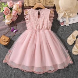 Kids Princess Dress For Girls O-Neck Wing-Sleeve Bowknot Floral Print Embroidery 4-7 Years Summer Sweet Birthday Party Clothing