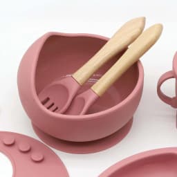 8 pcs Set Food Grade Silicone Tableware Set Bib Bowl Dining Plate Strong Suction Straw Cup Cartoon Short and Wooden Spoon Fork