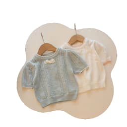 MILANCEL New Summer Kids Knitted Short Sleeves 1-5T Cute Color Blocking Bow Girls Hollow Out T-shirt Children Sweet Outwear Tops